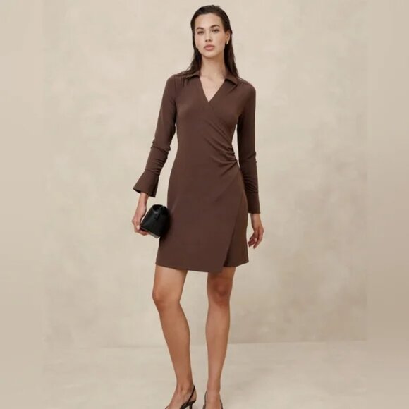 Banana Republic Factory Faux Wrap Knit Mini Dress Size XXL Dark Brown NWT - Picture 1 of 12